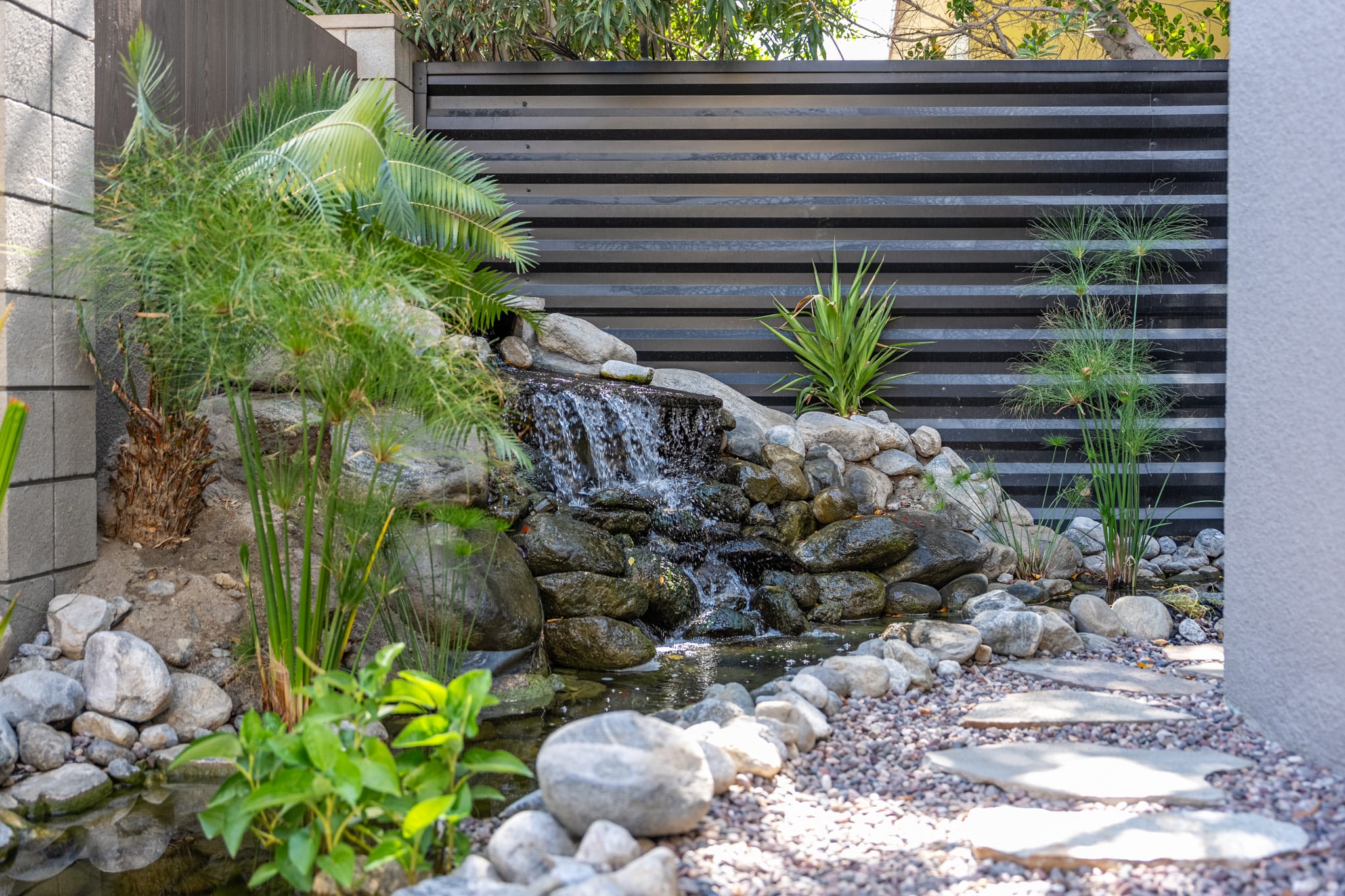 A waterfall on the Querencia Palms koi pond framed by layered planting, with lilies on the water below