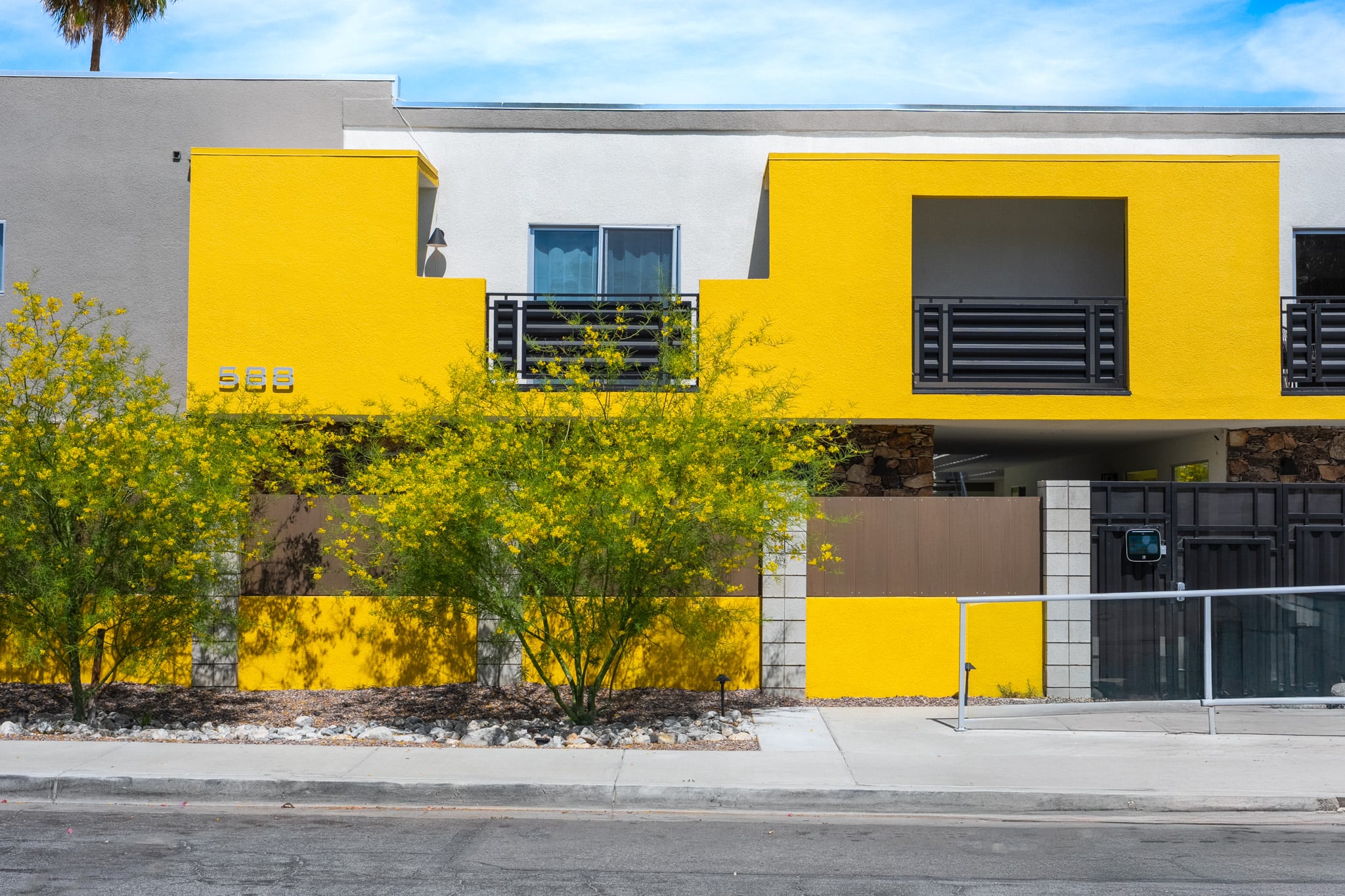 The street face of Querencia Palms: white two-story residences with bold yellow panels, black railings and desert trees along the sidewalk